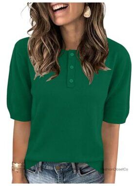Viscose Nylon Knit Crew Neck Pullover Button Down Short Sleeve Casual Sweater